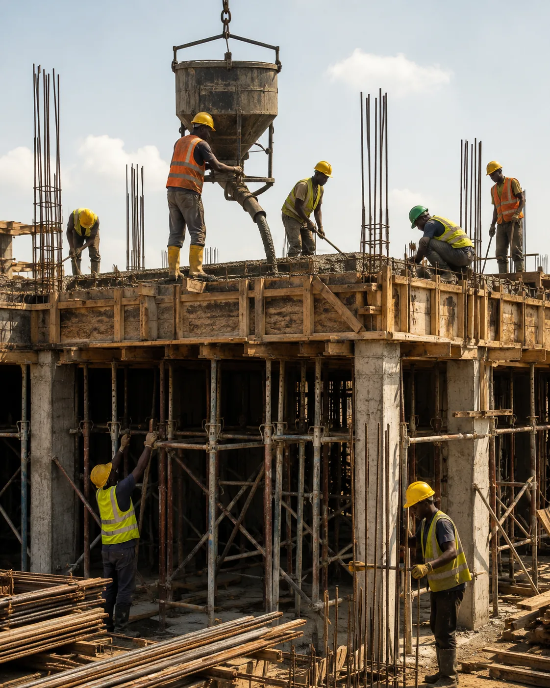 Reinforced-concrete frame under construction, formwork and rebar, crew in hi-vis